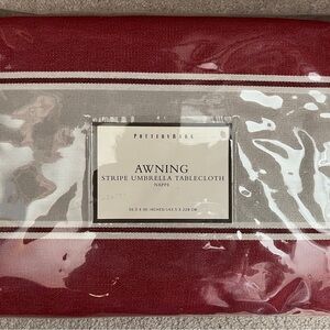 BRAND NEW Pottery Barn Awning Stripe Umbrella Tablecloth - Red/burgundy & Tan